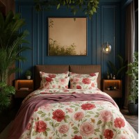 Set lenjerie pat cu imprimeu floral Ruby Garden – rafinament vibrant și prospețime naturală 200 × 210 cm